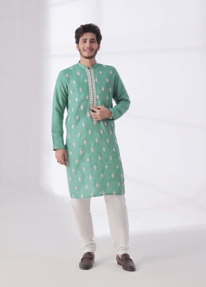 Bazm E Riwayat by Bin Musab Men Kurta Pajama 2 Piece Raw Silk Ocean Breeze - Festive Collection