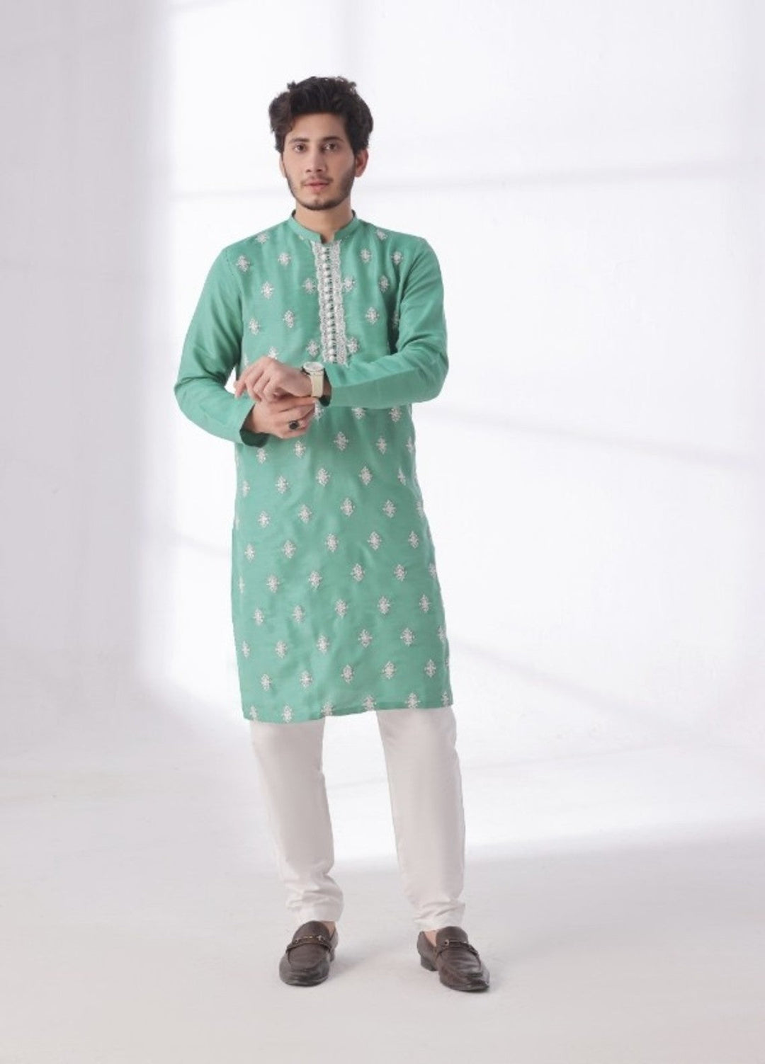 Bazm E Riwayat by Bin Musab Men Kurta Pajama 2 Piece Raw Silk Ocean Breeze - Festive Collection