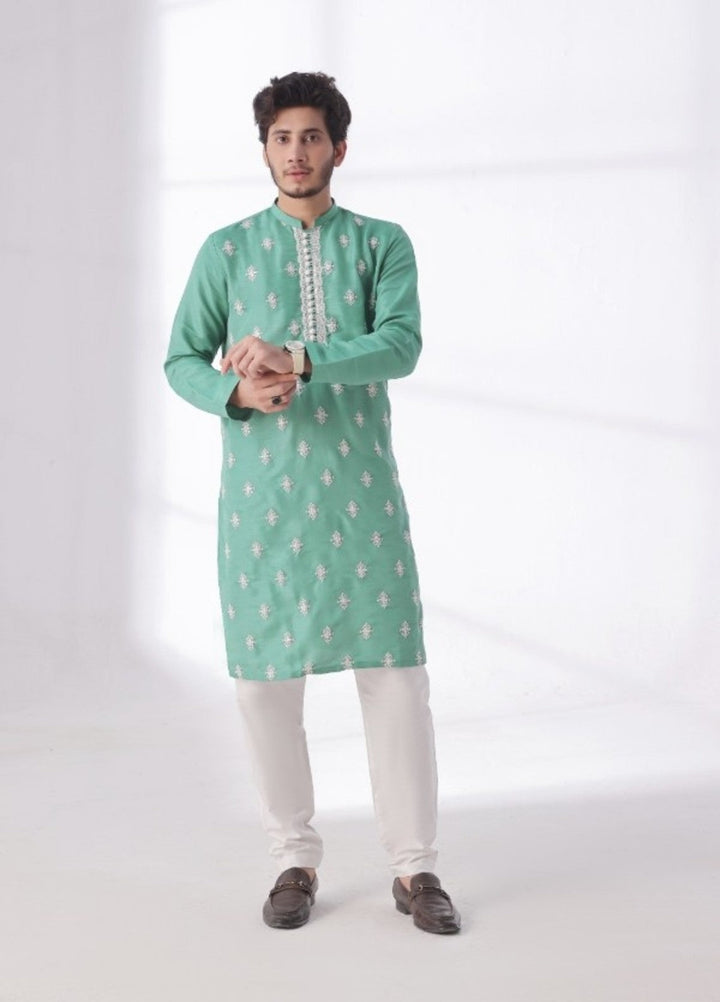 Bazm E Riwayat by Bin Musab Men Kurta Pajama 2 Piece Raw Silk Ocean Breeze - Festive Collection