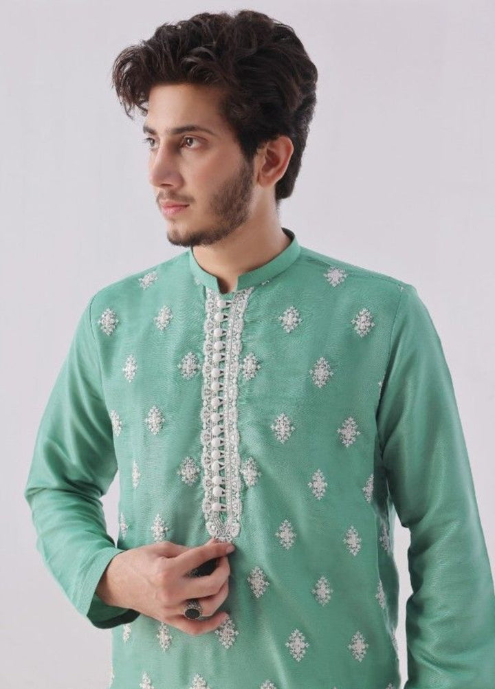 Bazm E Riwayat by Bin Musab Men Kurta Pajama 2 Piece Raw Silk Ocean Breeze - Festive Collection