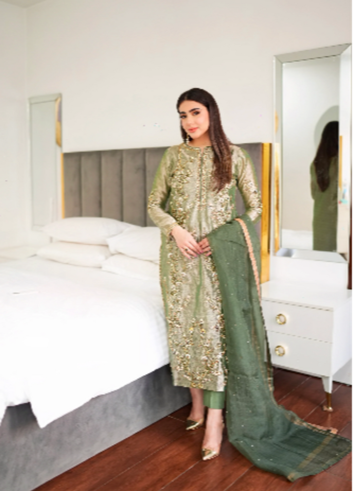 Luxe By Hues Atelier Women Pret 3 Piece Green Tissue Formal - Formals Collection