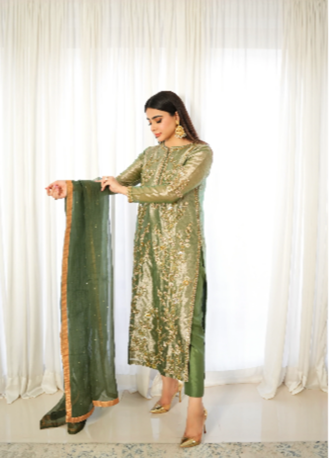 Luxe By Hues Atelier Women Pret 3 Piece Green Tissue Formal - Formals Collection