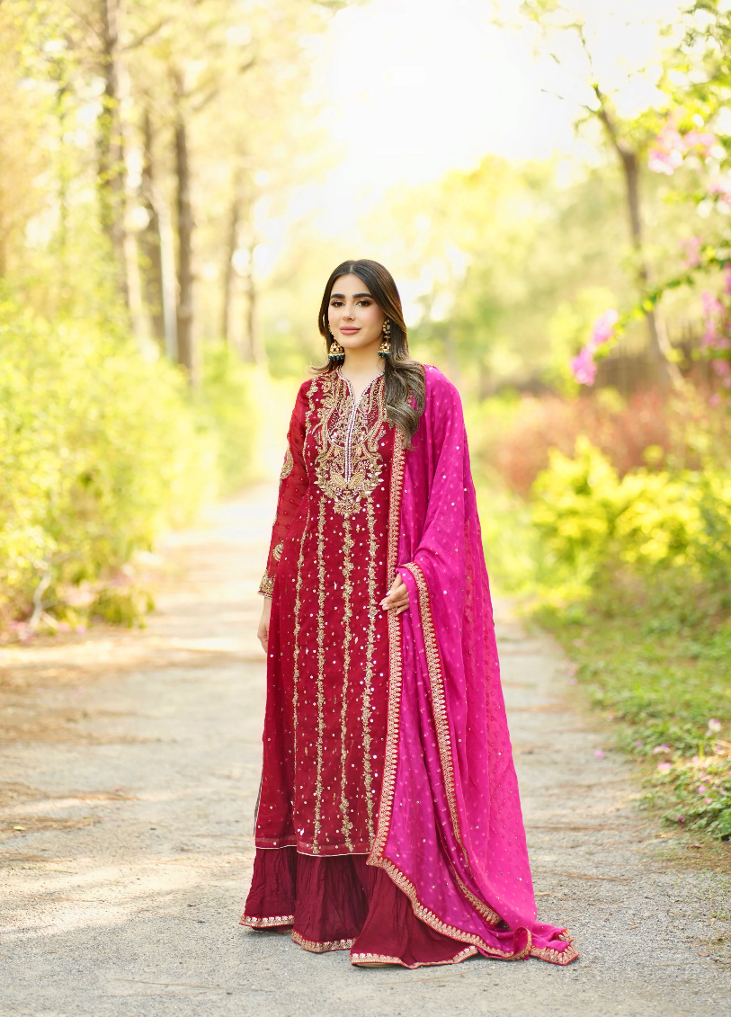 Luxe By Hues Atelier Women Pret 3 Piece Red Zardozi - Formals Collection