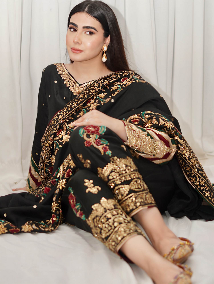 Luxe By Hues Atelier Women Pret 3 Piece Black Chaadar - Formals Collection