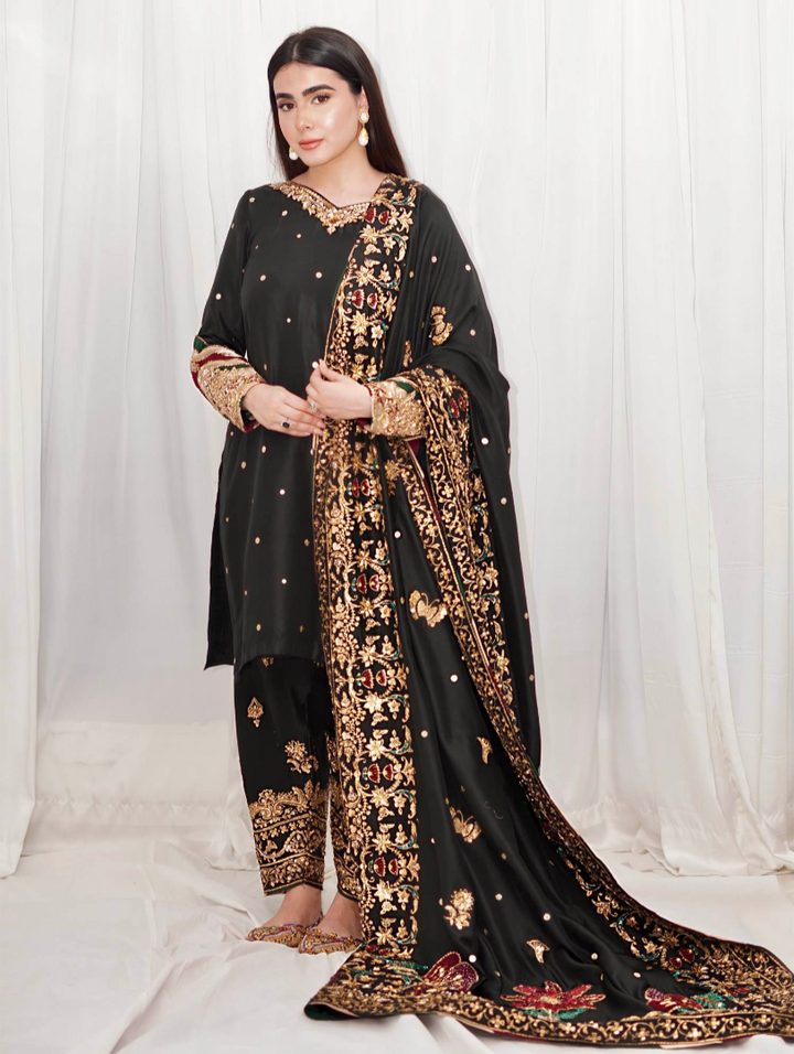 Luxe By Hues Atelier Women Pret 3 Piece Black Chaadar - Formals Collection