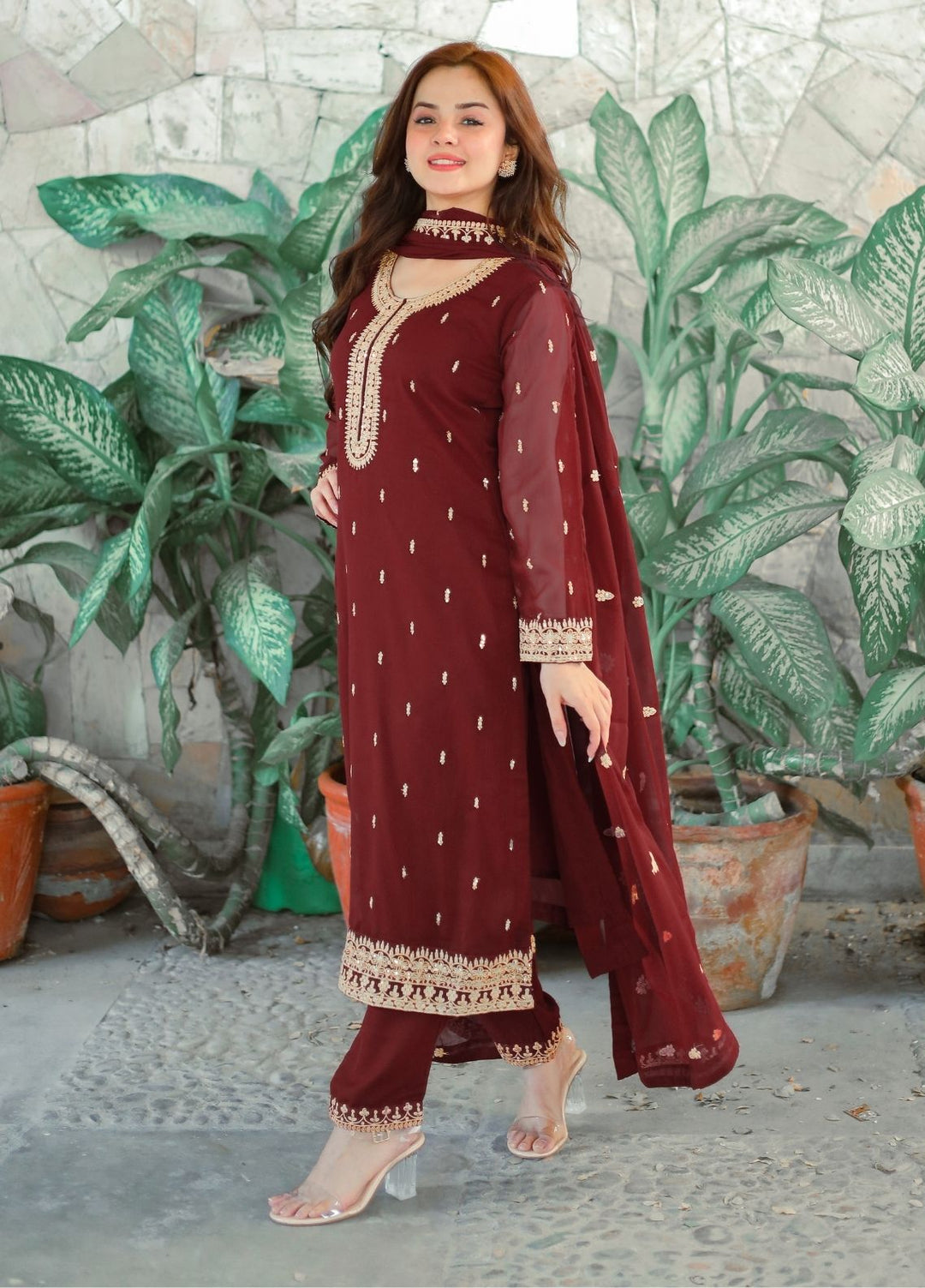 Rang e Haya by Abaan Zohan Woman Pret Chiffon 3 Piece Ada Maroon - Festive Collection
