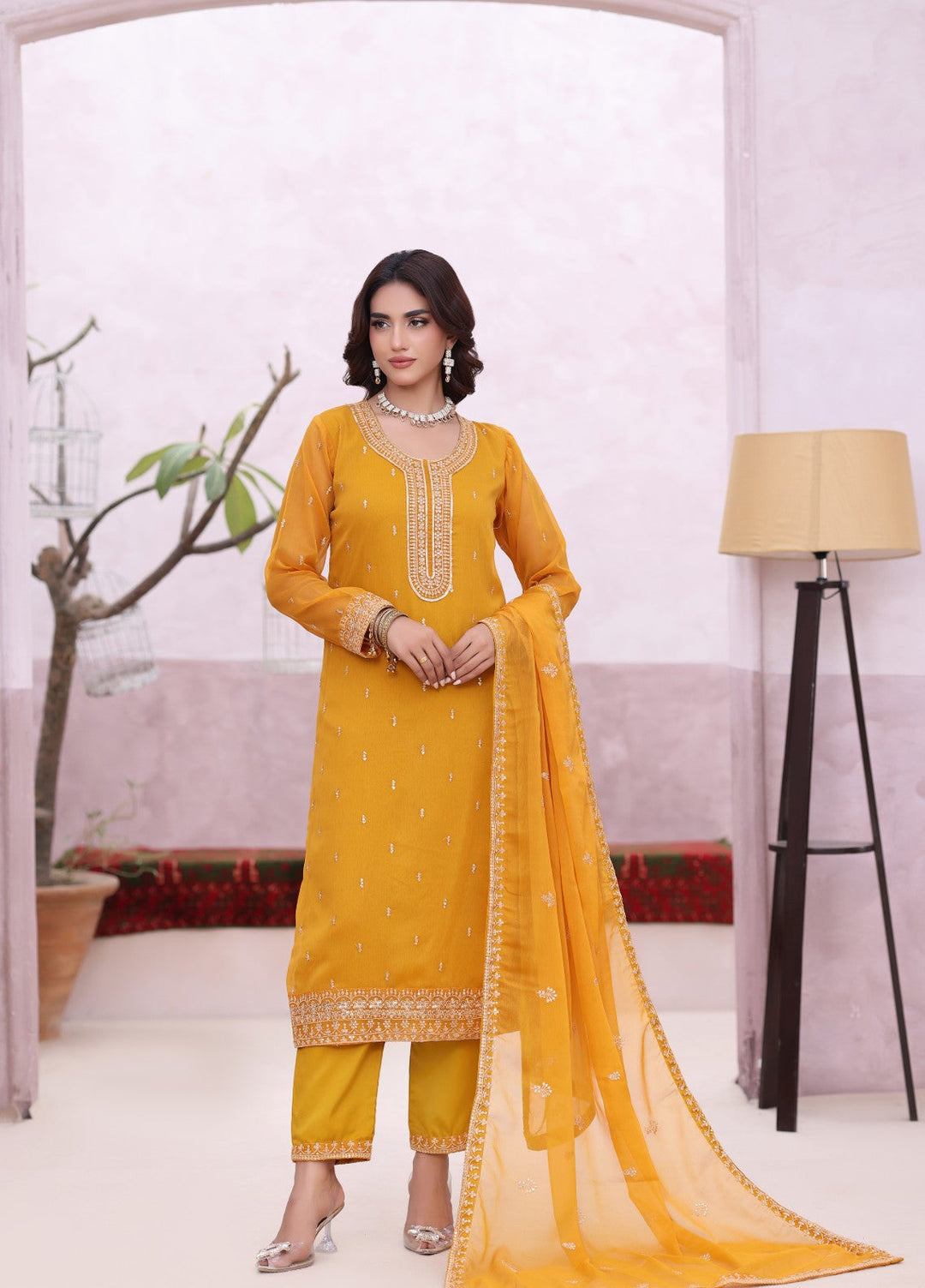 Rang e Haya by Abaan Zohan Woman Pret Chiffon 3 Piece Ada Mustard - Festive Collection
