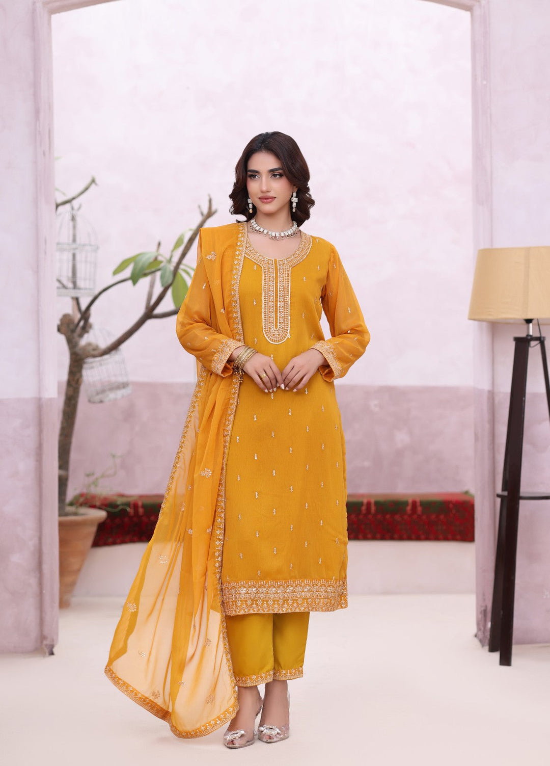 Rang e Haya by Abaan Zohan Woman Pret Chiffon 3 Piece Ada Mustard - Festive Collection