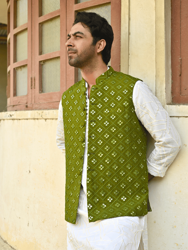Hk Fashion Mens Ready To Wear 1 Piece Embroidered Leaf Green Embroidered Waistcoat - Wedding Collection