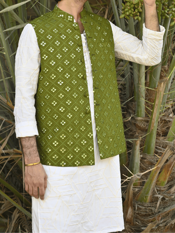 Hk Fashion Mens Ready To Wear 1 Piece Embroidered Leaf Green Embroidered Waistcoat - Wedding Collection