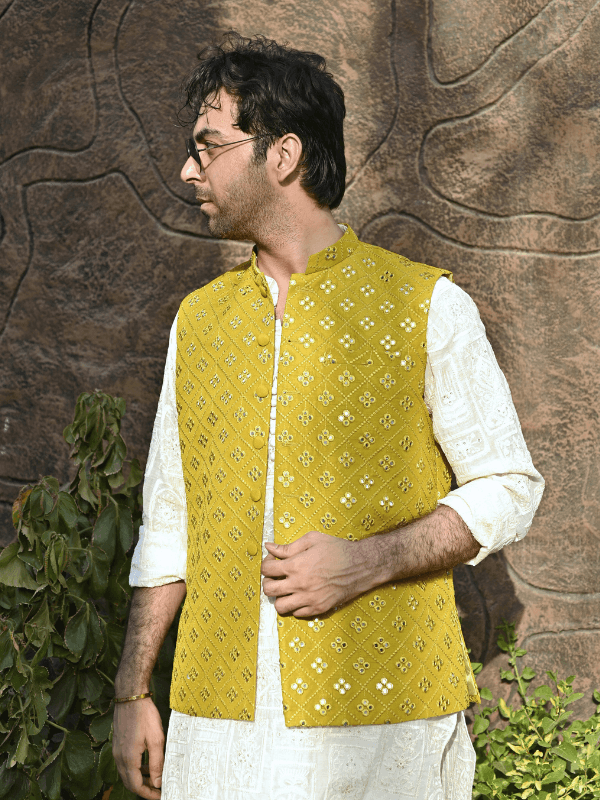 HK Fashion Mens RTW 1 Piece Embroidered Mehndi Mirror Work Waistcoat - Wedding Collection