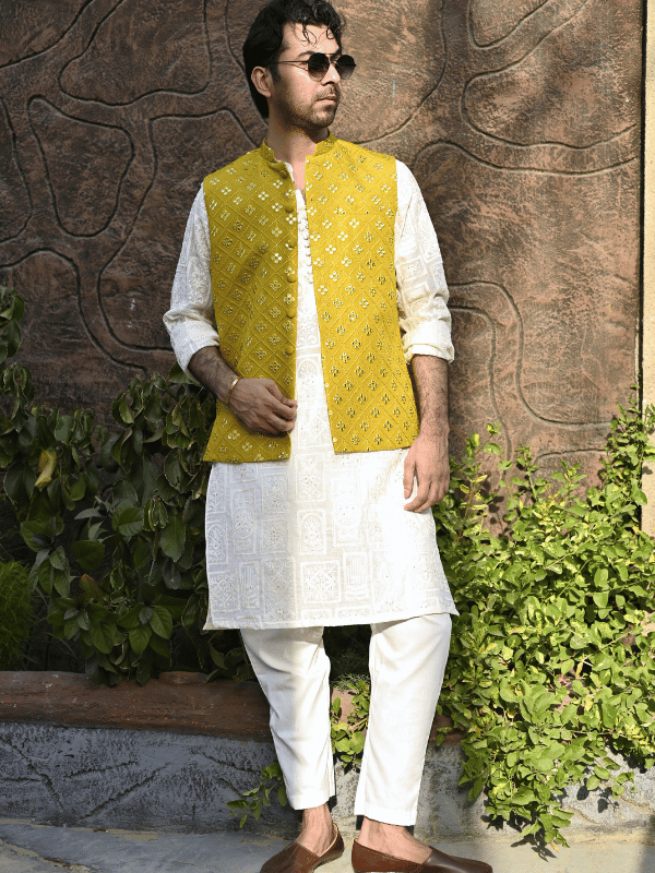 HK Fashion Mens RTW 1 Piece Embroidered Mehndi Mirror Work Waistcoat - Wedding Collection