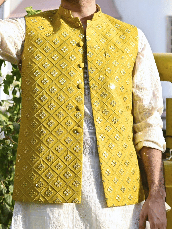 HK Fashion Mens RTW 1 Piece Embroidered Mehndi Mirror Work Waistcoat - Wedding Collection