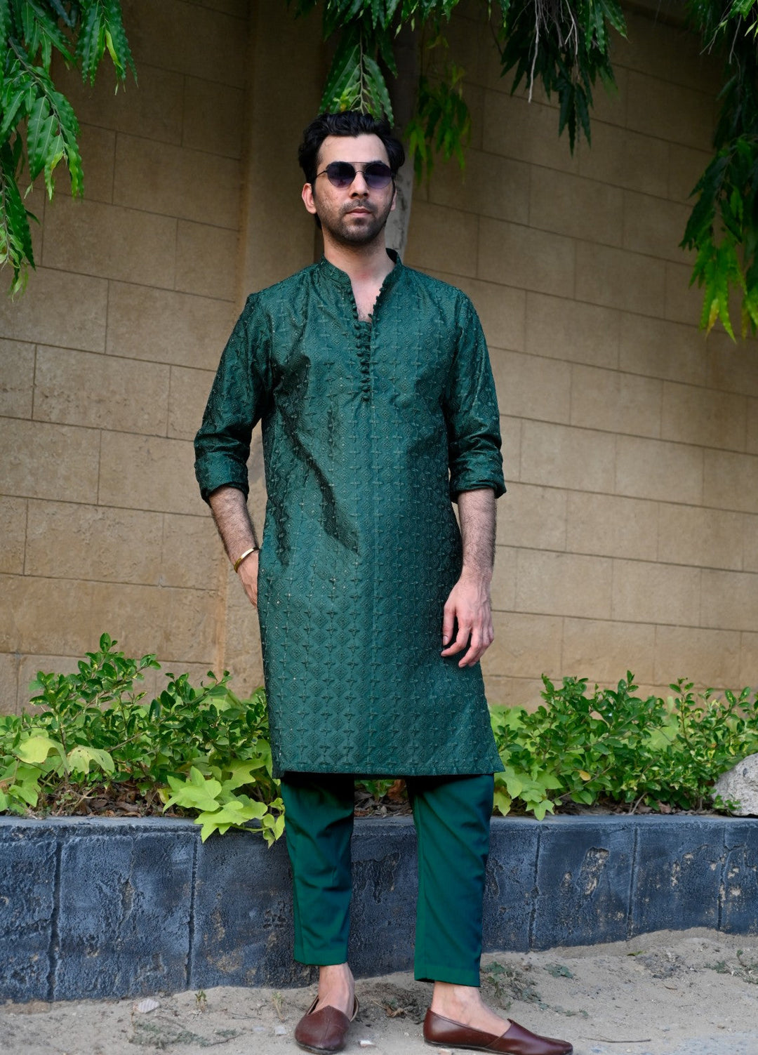 HK Fashion Mens RTW 1 Piece Embroidered Emerald Green Kurta Trouser - Wedding Collection