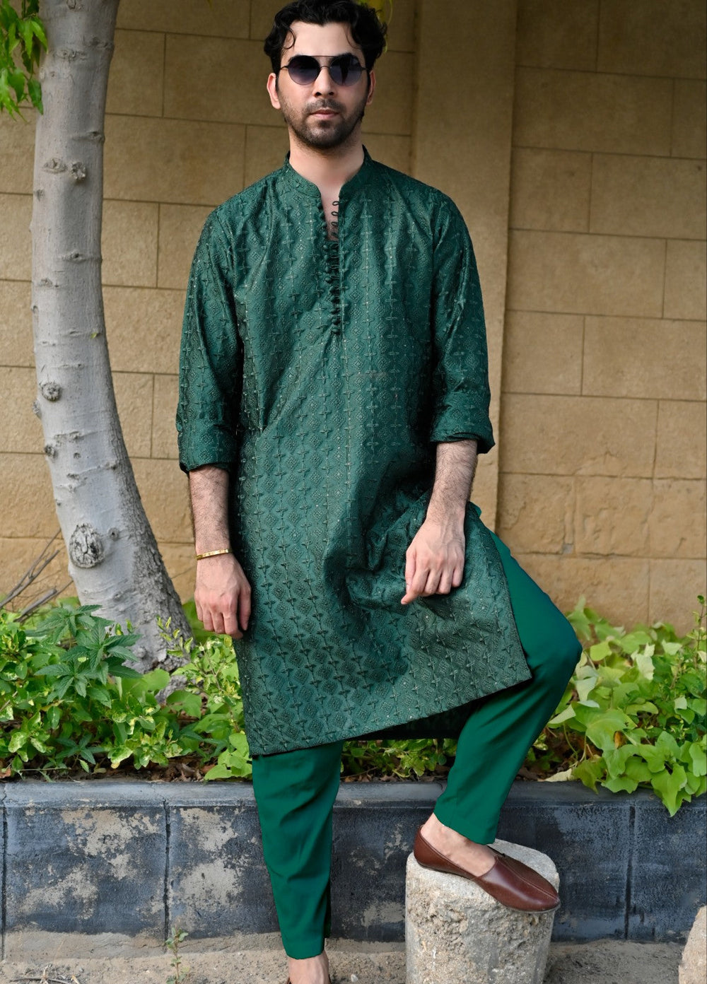 HK Fashion Mens RTW 1 Piece Embroidered Emerald Green Kurta Trouser - Wedding Collection