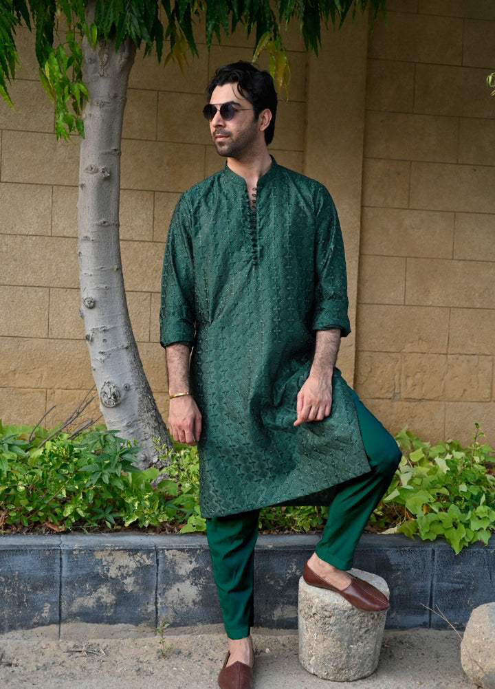 HK Fashion Mens RTW 1 Piece Embroidered Emerald Green Kurta Trouser - Wedding Collection