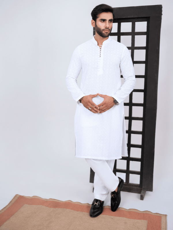 HK Fashion Mens RTW 2 Piece Chikankari White Kurta Trouser - Wedding Collection