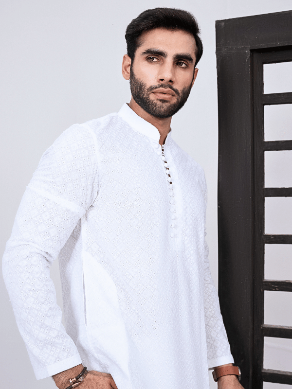 HK Fashion Mens RTW 2 Piece Chikankari White Kurta Trouser - Wedding Collection