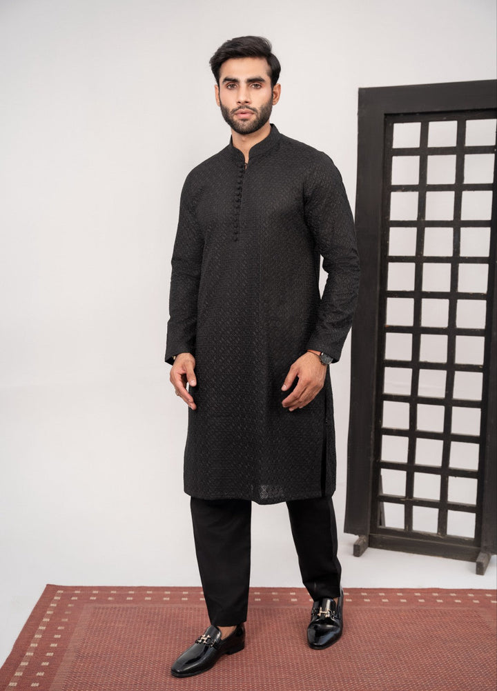 Hk Fashion Mens Ready To Wear 2 Piece Chikankari Black Chikankari Kurta Trouser - Wedding Collection