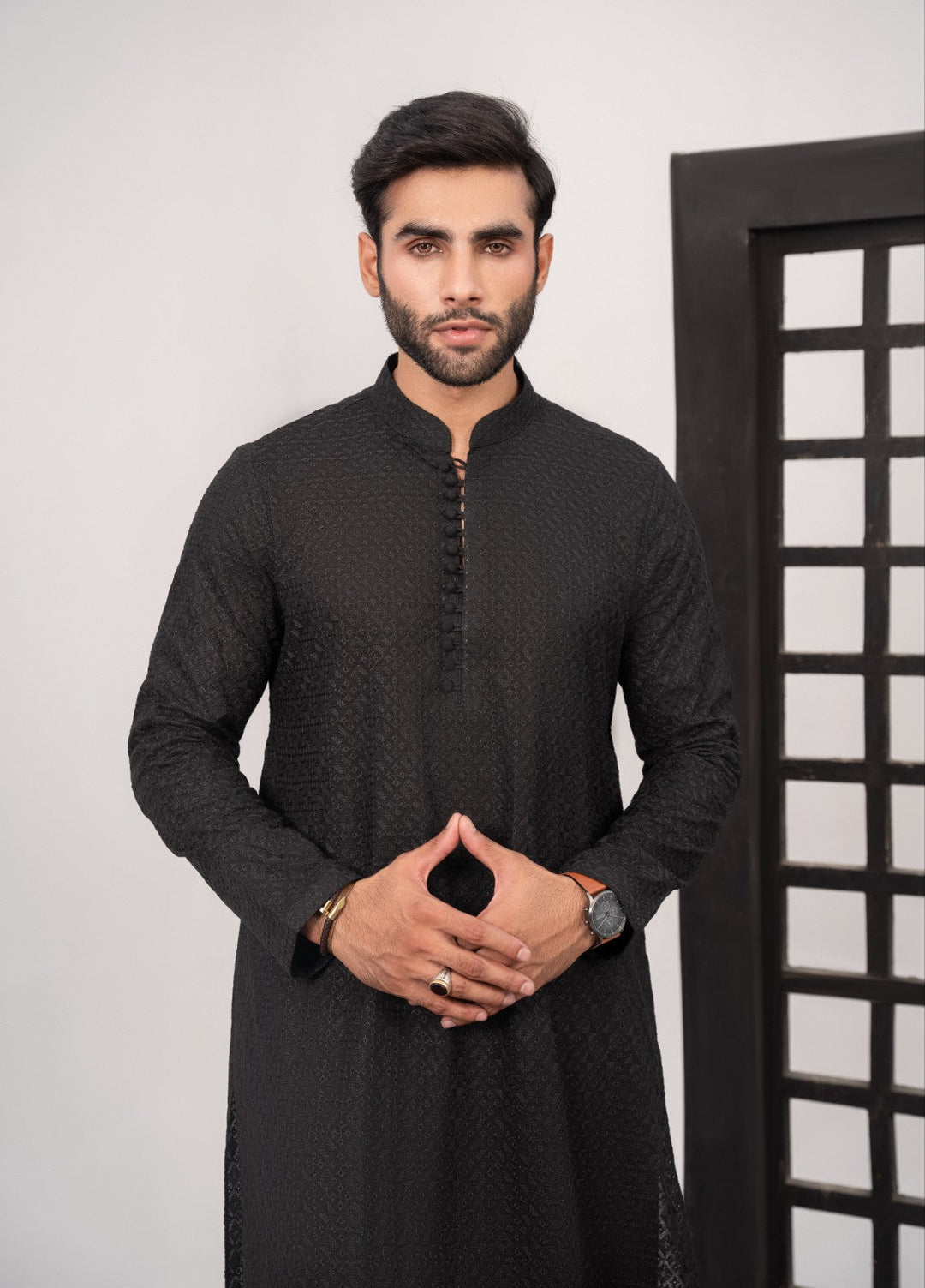 Hk Fashion Mens Ready To Wear 2 Piece Chikankari Black Chikankari Kurta Trouser - Wedding Collection