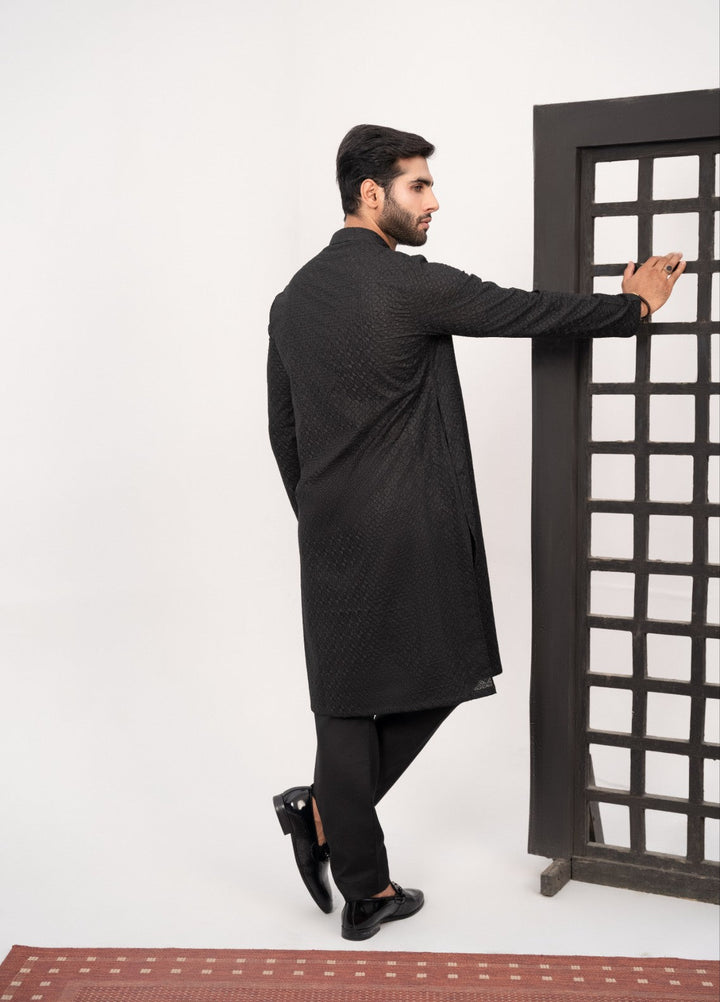 Hk Fashion Mens Ready To Wear 2 Piece Chikankari Black Chikankari Kurta Trouser - Wedding Collection