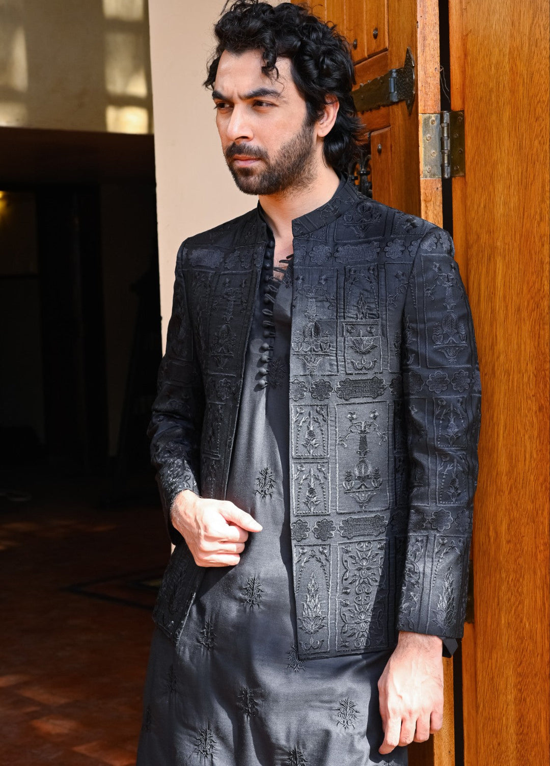 HK Fashion Mens RTW 1 Piece Embroidered Black FK Princecoat - Wedding Collection