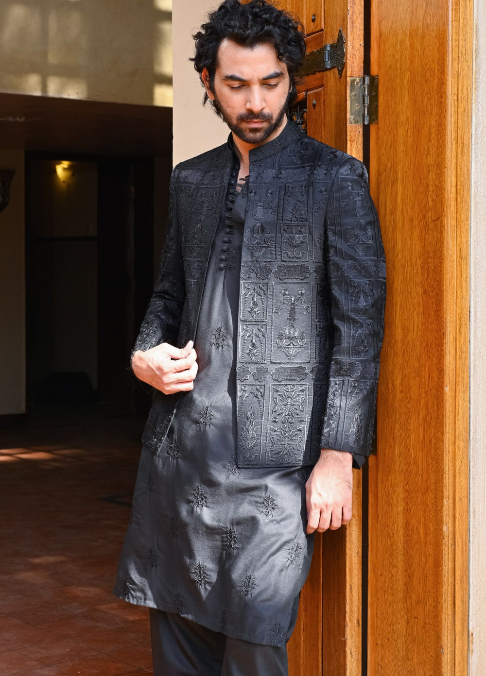 HK Fashion Mens RTW 1 Piece Embroidered Black FK Princecoat - Wedding Collection