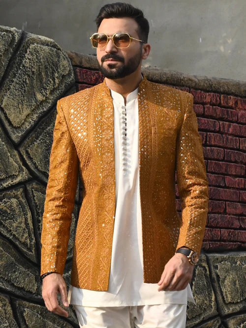 Hk Fashion Mens Ready To Wear 1 Piece Embroidered Golden Embroidered Front Open Princecoat - Wedding Collection