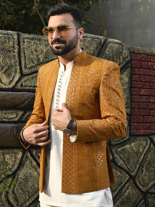 Hk Fashion Mens Ready To Wear 1 Piece Embroidered Golden Embroidered Front Open Princecoat - Wedding Collection