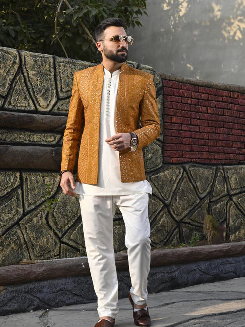 Hk Fashion Mens Ready To Wear 1 Piece Embroidered Golden Embroidered Front Open Princecoat - Wedding Collection