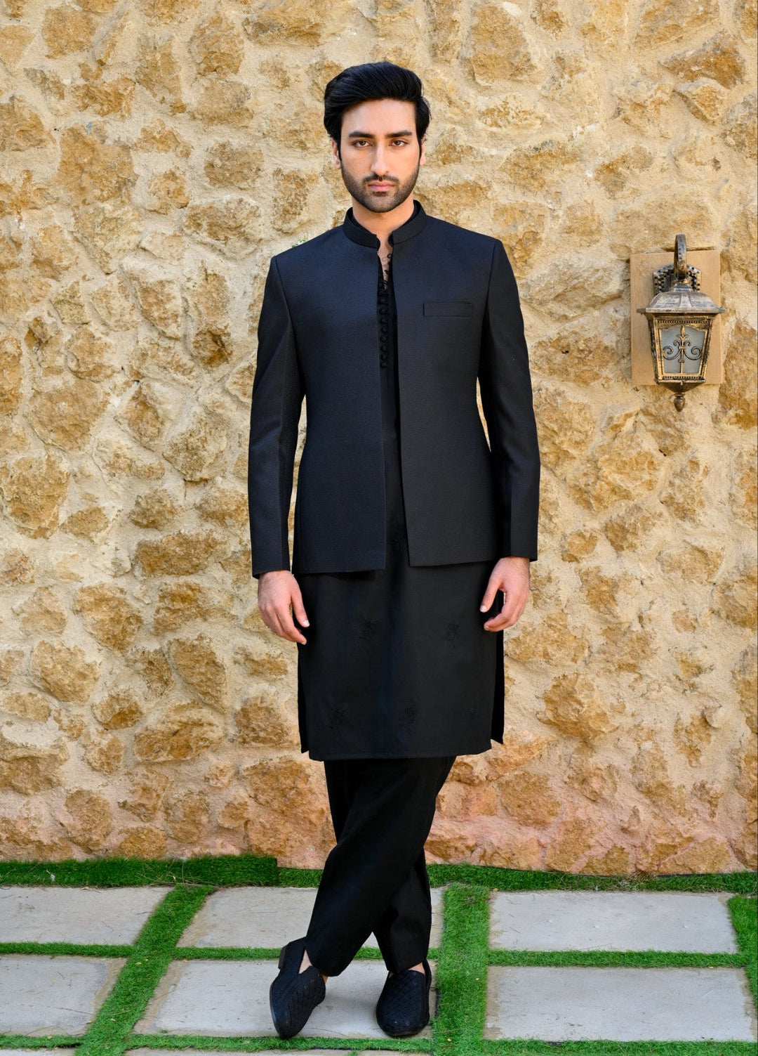HK Fashion Mens RTW 1 Piece Textured Classic Black Front Open Princecoat - Wedding Collection