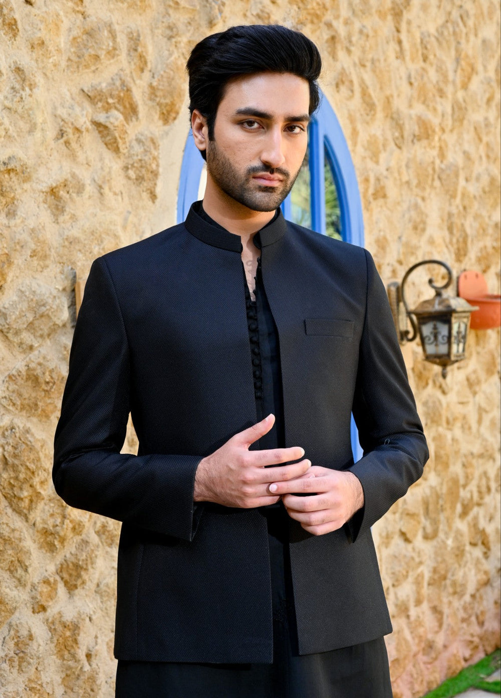 HK Fashion Mens RTW 1 Piece Textured Classic Black Front Open Princecoat - Wedding Collection