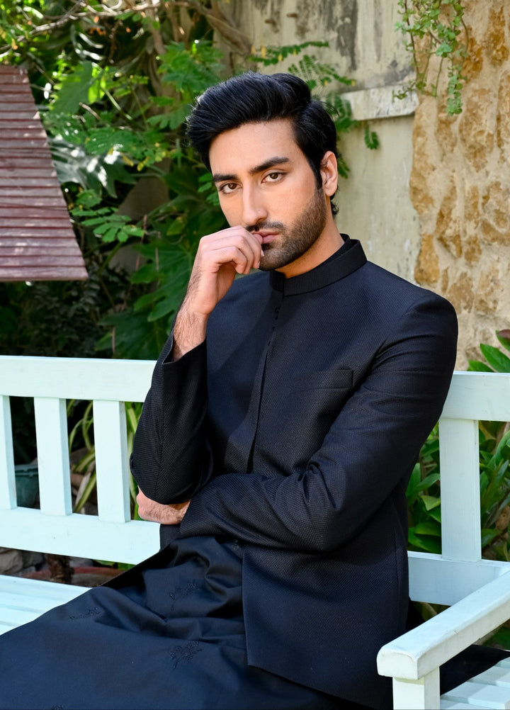 HK Fashion Mens RTW 1 Piece Textured Classic Black Front Open Princecoat - Wedding Collection