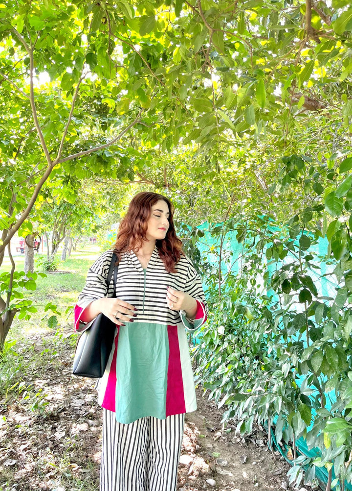 Urban Cut Pret Striped Colorblock Cotton 2 Piece Suit - C0200 - Summer Collection