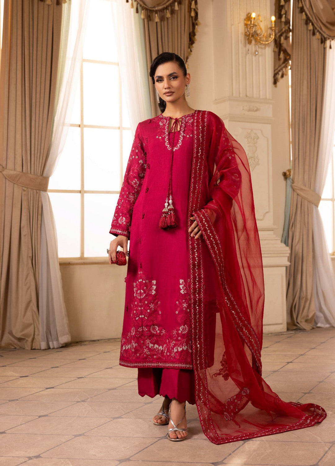 Style Nova By Tessa Pret 3 Piece Embroidered Raw Silk Ruby - Festive Collection