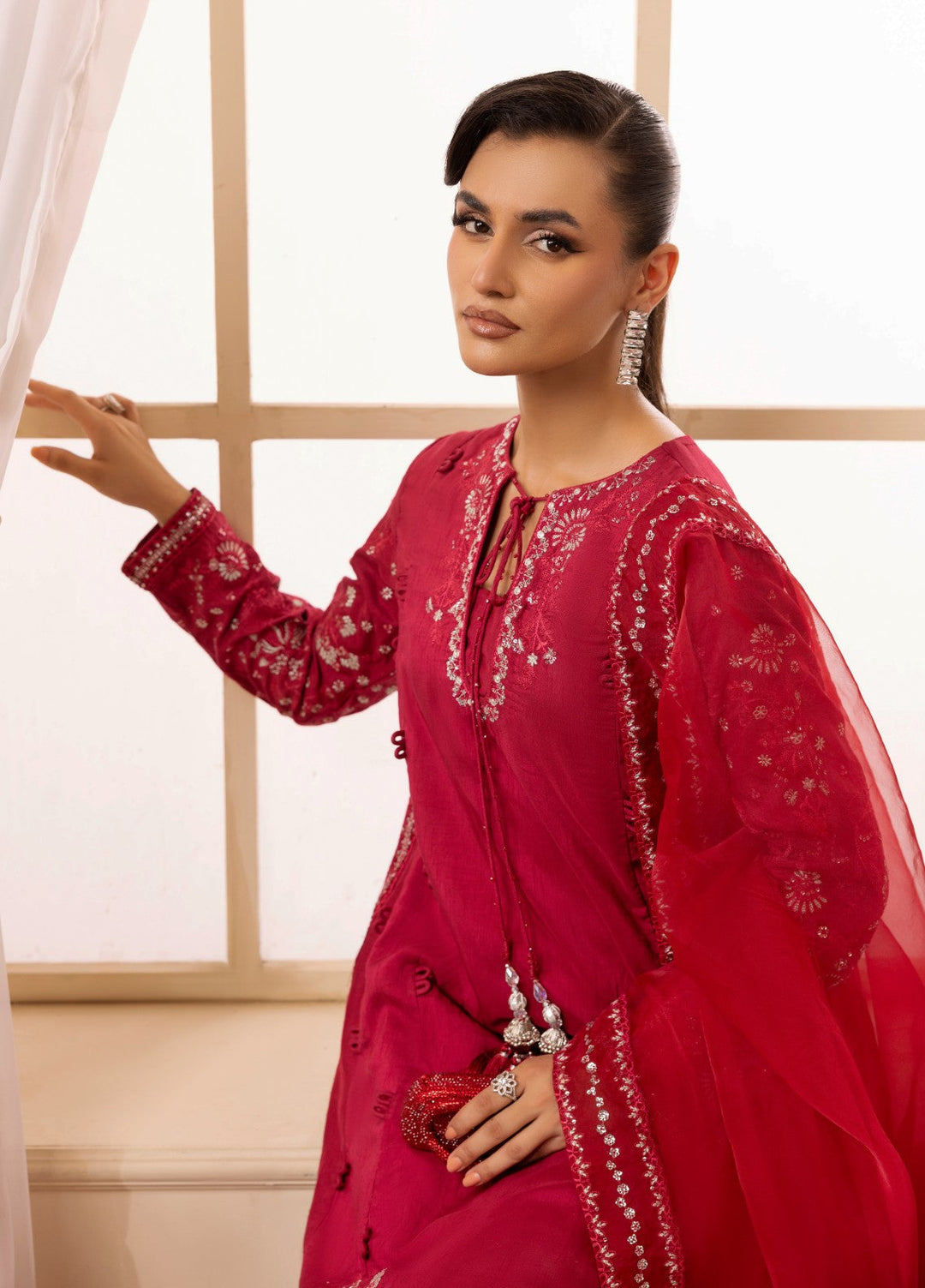 Style Nova By Tessa Pret 3 Piece Embroidered Raw Silk Ruby - Festive Collection