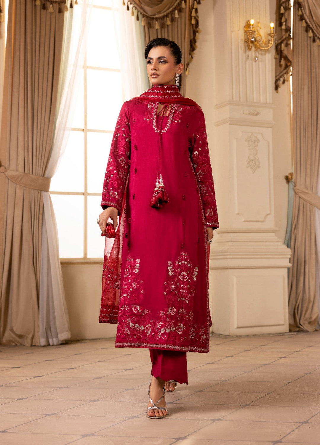Style Nova By Tessa Pret 3 Piece Embroidered Raw Silk Ruby - Festive Collection