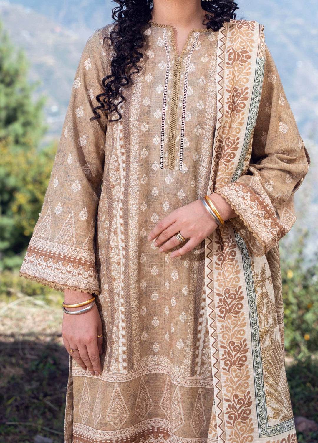 Narmin by Narkins Printed Unstitched Khaddar Suit 3 Piece Fawn - 3127 - Winter Collection