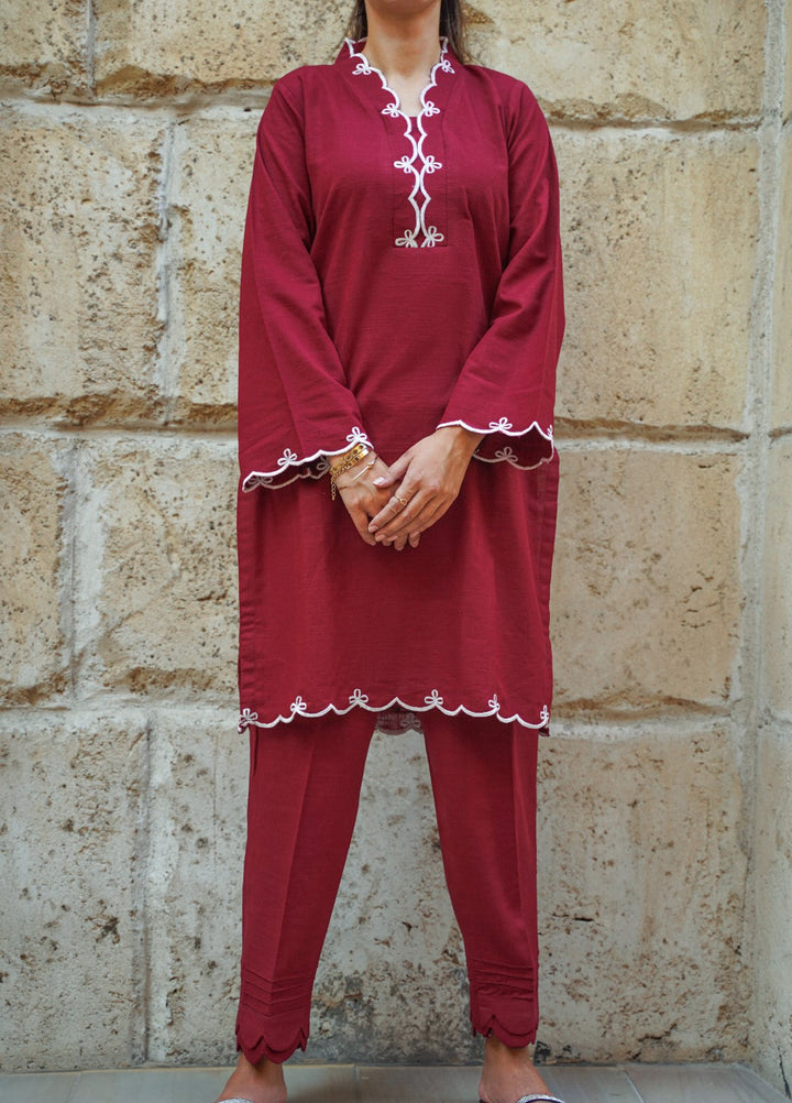 Ombrella Women Pret Embroidered 2 Piece Ethereal In Red - Winter Collection