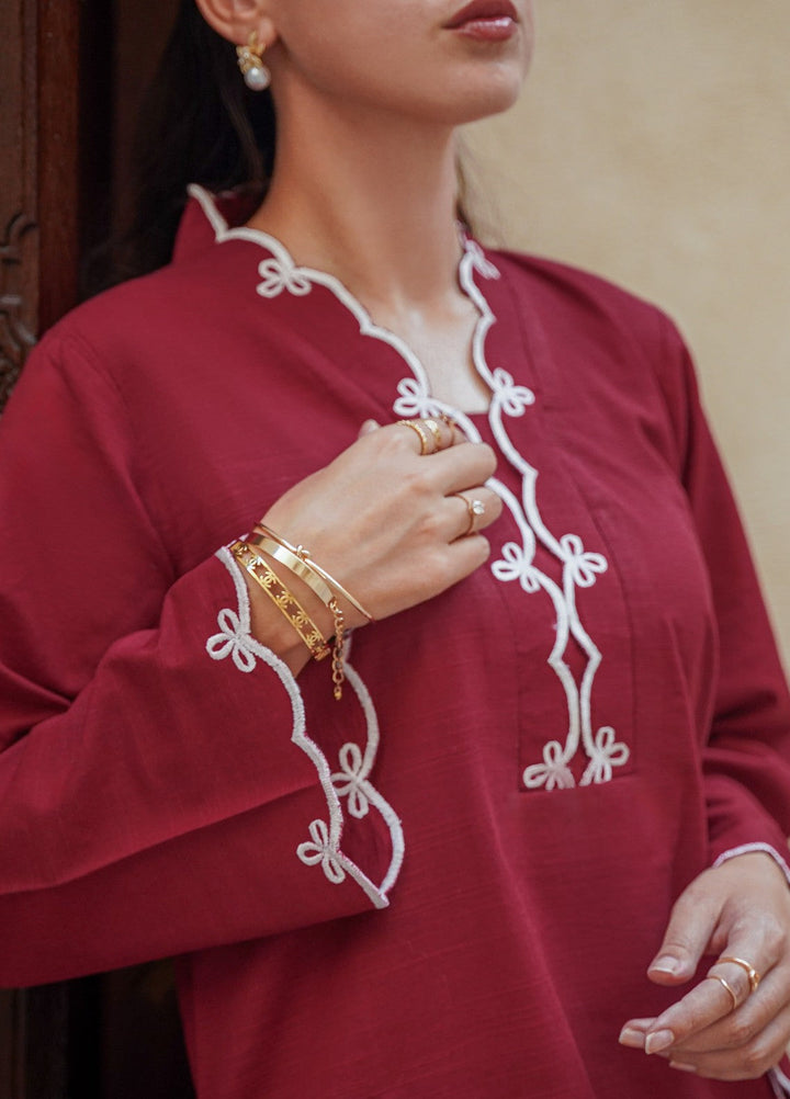 Ombrella Women Pret Embroidered 2 Piece Ethereal In Red - Winter Collection