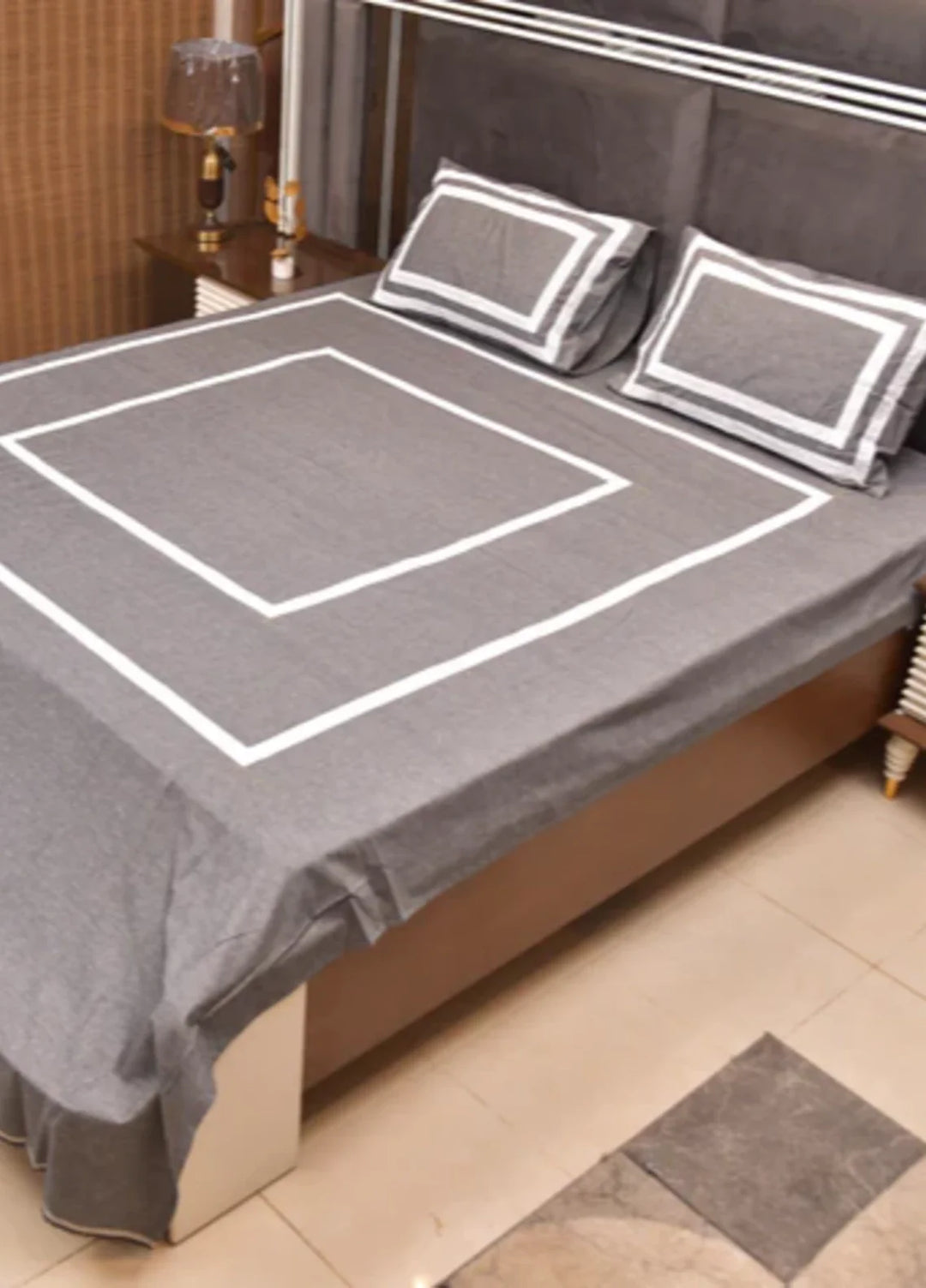 Innovative Official Lacework Hand work Denim Shamray Cotton Bedsheet Set with 2 Pillows Covers - Wedding Collection