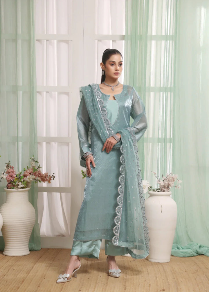 Frosted Azure - 3pc Silk Organza Stone work suit