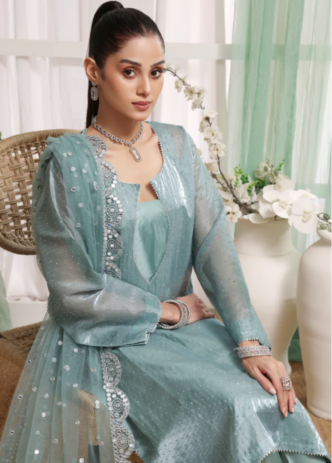 Madiha Gohar Pret Organza Stone work 3 Piece Suits Frosted Azure - Wedding Collection