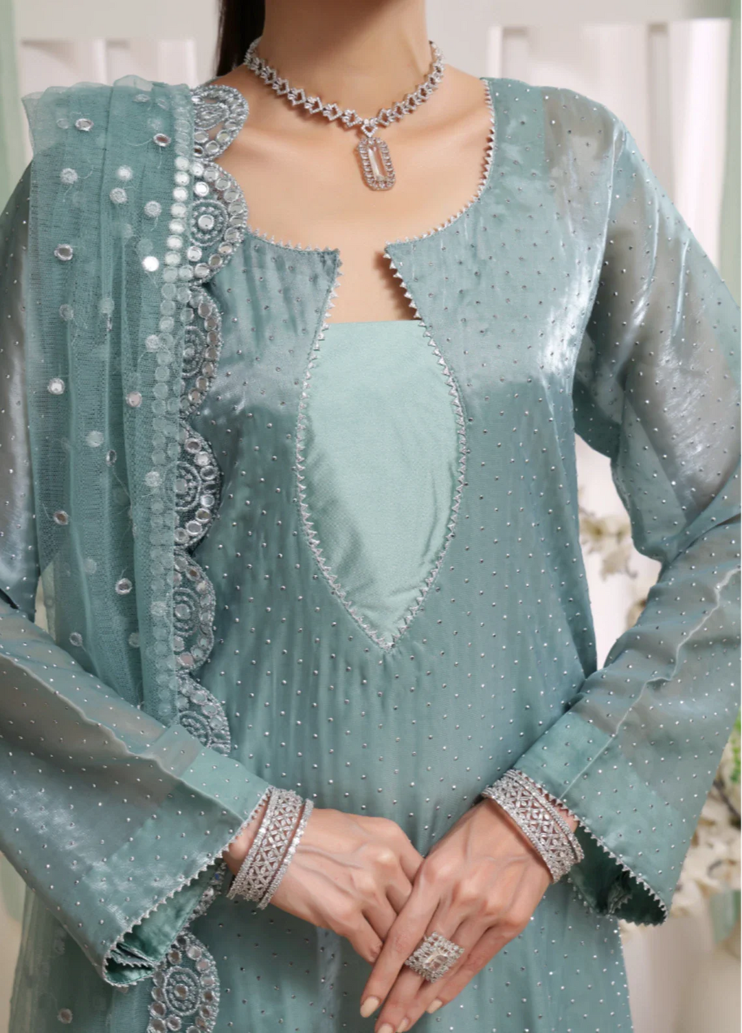 Frosted Azure - 3pc Silk Organza Stone work suit