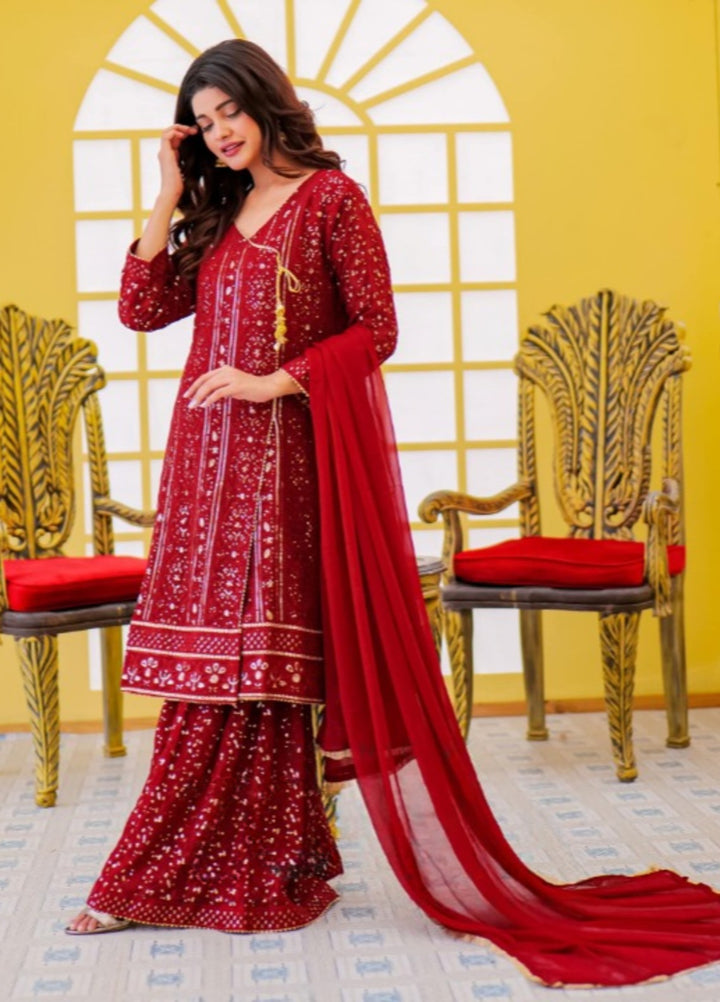 Shadiyan by Al Siyaab Pret 3 Piece Embroidered Chiffon Janaan Maroon - Festive Collection