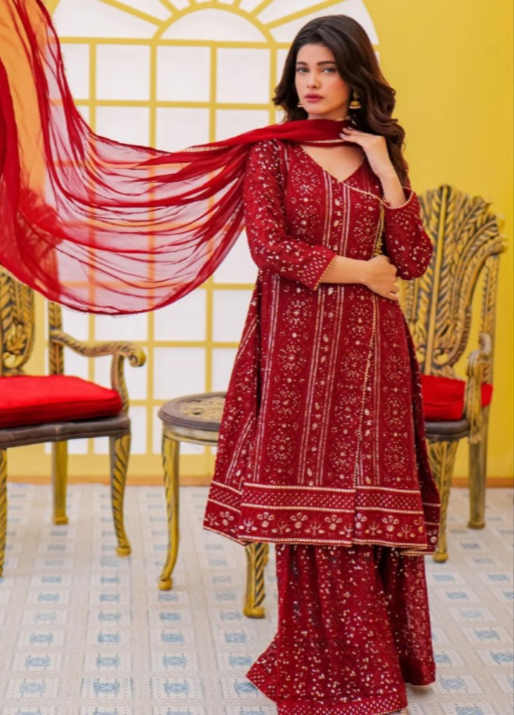 Shadiyan by Al Siyaab Pret 3 Piece Embroidered Chiffon Janaan Maroon - Festive Collection
