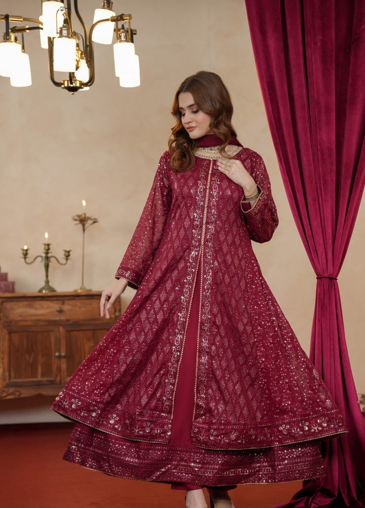 Shadiyan by Al Siyaab Pret 3 Piece Embroidered Chiffon Sana Maroon - Festive Collection