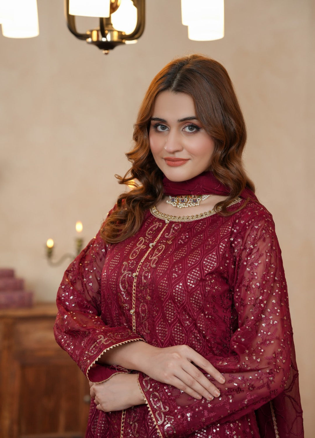 Shadiyan by Al Siyaab Pret 3 Piece Embroidered Chiffon Sana Maroon - Festive Collection