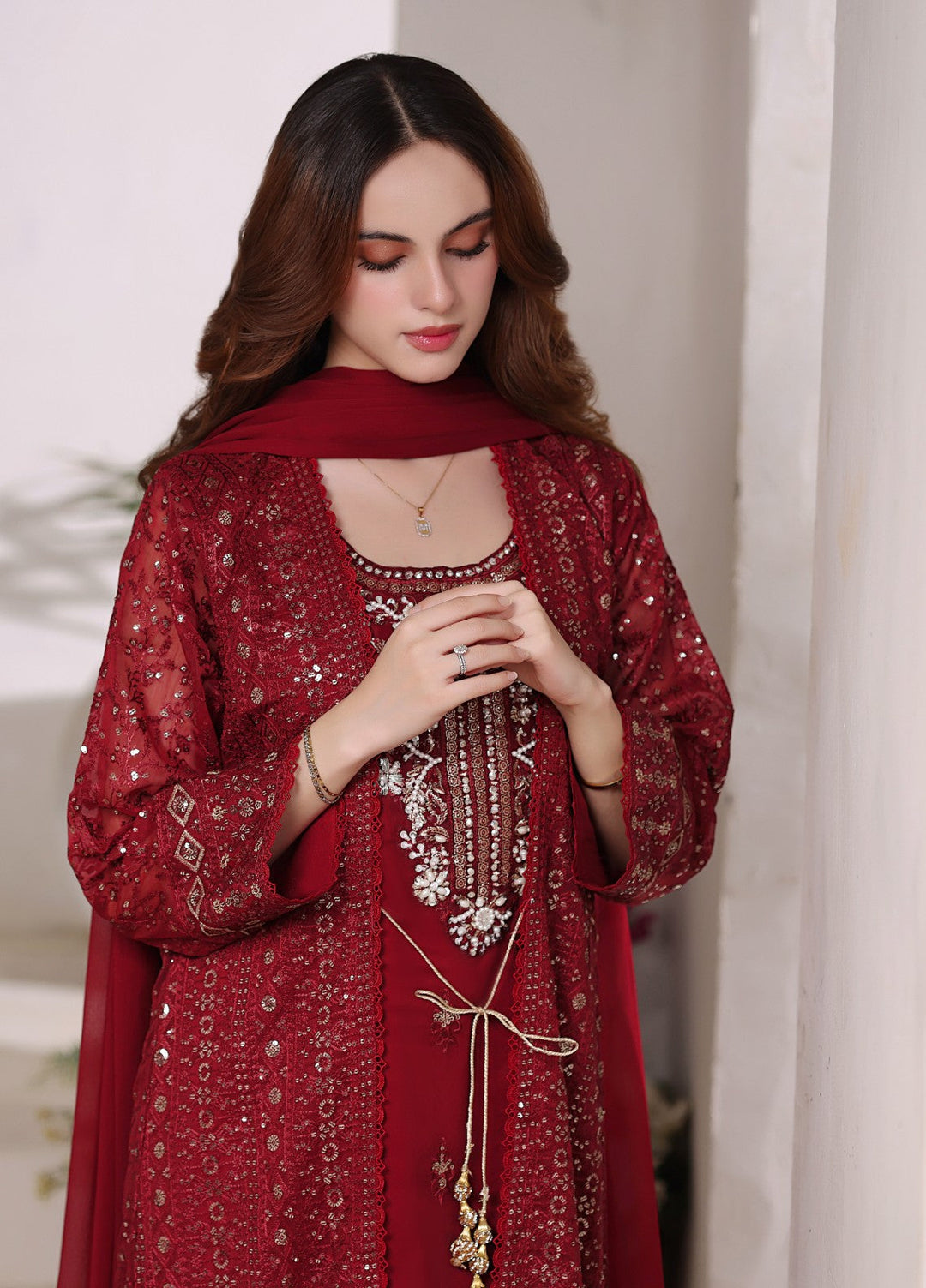 Shadiyan by Al Siyaab Pret 4 Piece Embroidered Chiffon Sahiba Maroon - Festive Collection