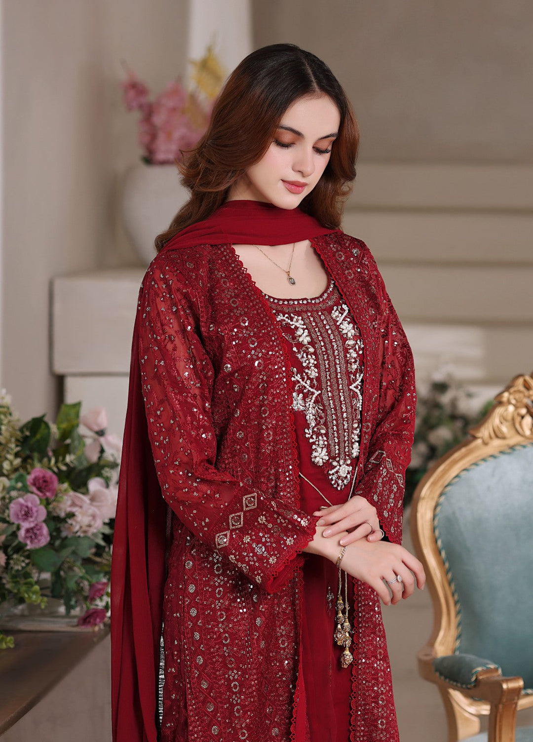 Shadiyan by Al Siyaab Pret 4 Piece Embroidered Chiffon Sahiba Maroon - Festive Collection